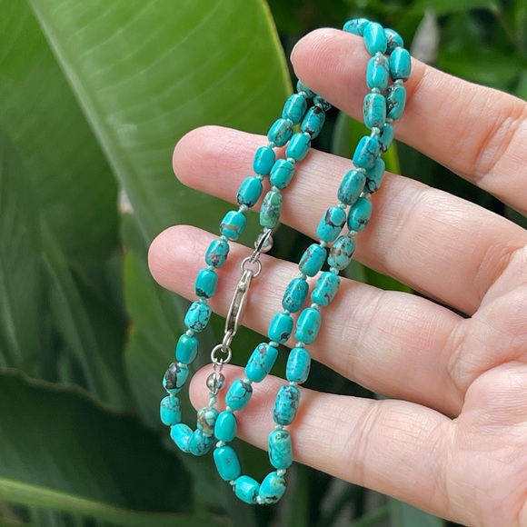 Natural Hubei barrel shaped turquoise bead solid sterling silver necklace